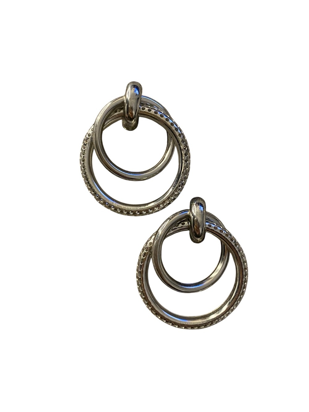 Textured Silver Double Hoop Drop Earrings for Women